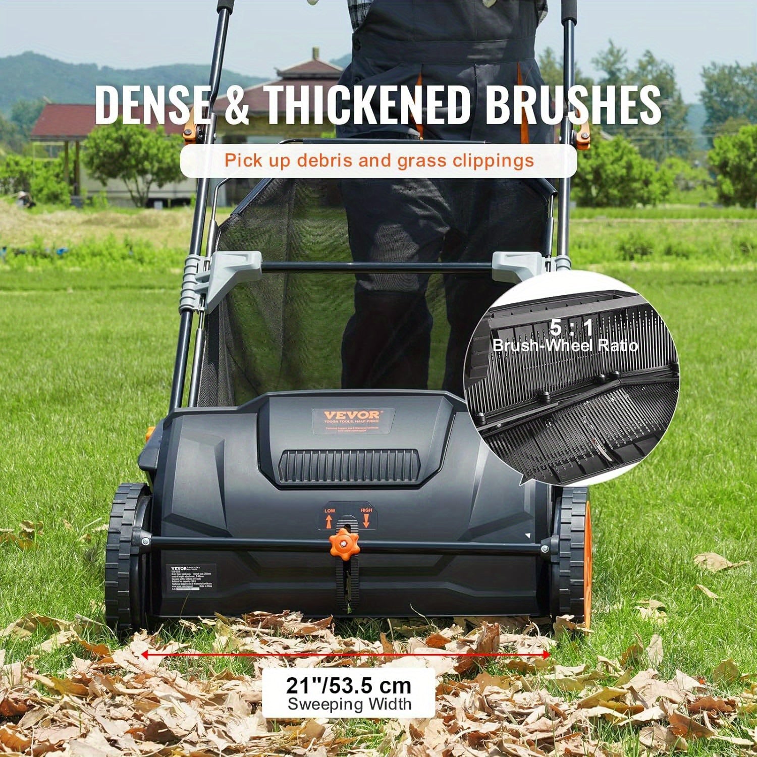 Heavy-Duty Push Lawn Sweeper, 21-Inch Leaf & Grass Collector with Adjustable Spinning Brushes - Alpine Outdoor Supplies and More