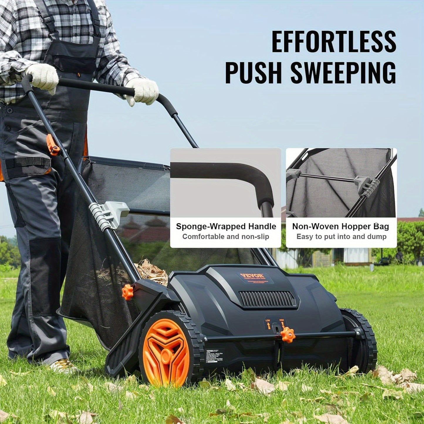 Heavy-Duty Push Lawn Sweeper, 21-Inch Leaf & Grass Collector with Adjustable Spinning Brushes - Alpine Outdoor Supplies and More