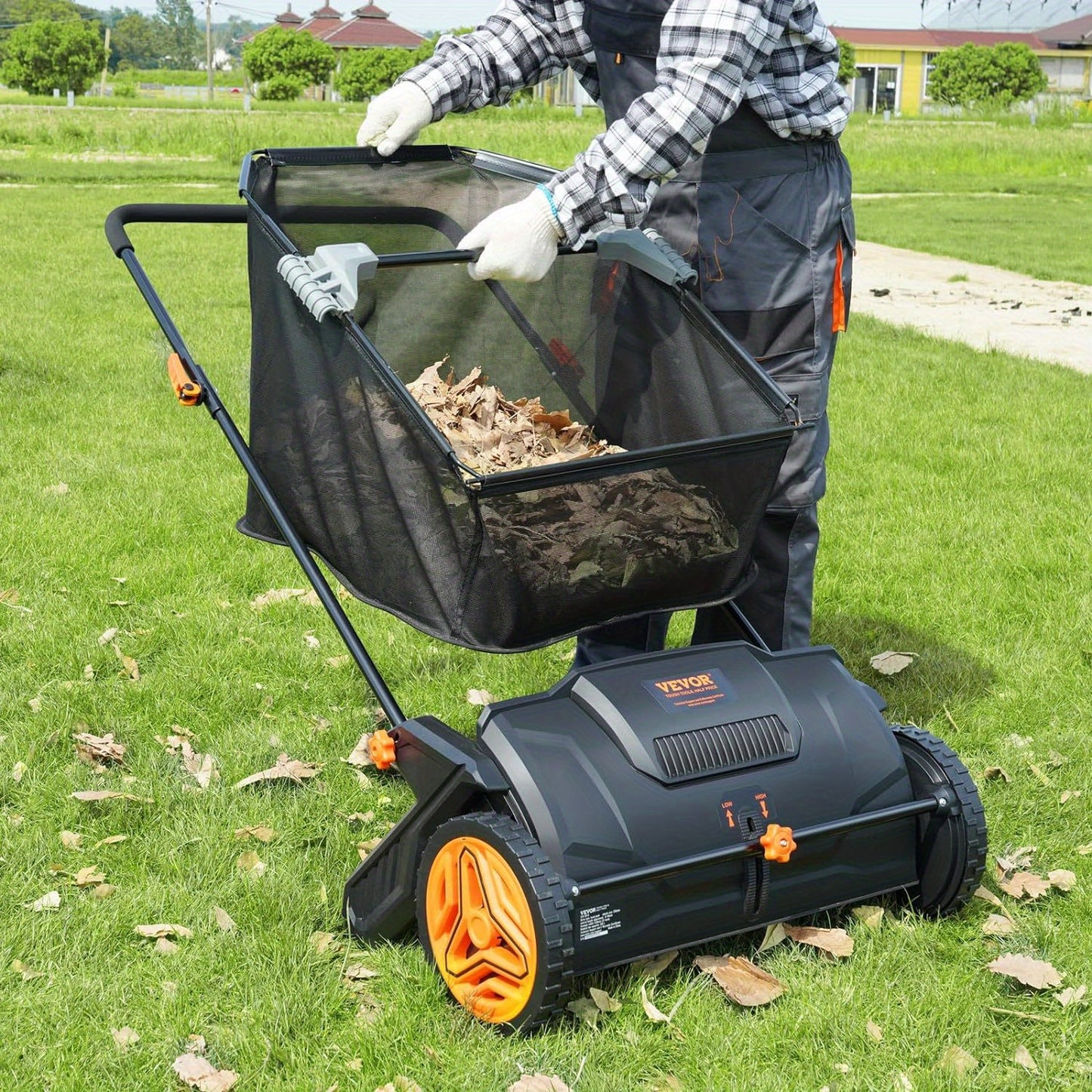 Heavy-Duty Push Lawn Sweeper, 21-Inch Leaf & Grass Collector with Adjustable Spinning Brushes - Alpine Outdoor Supplies and More