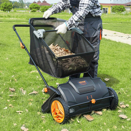 Heavy-Duty Push Lawn Sweeper, 21-Inch Leaf & Grass Collector with Adjustable Spinning Brushes