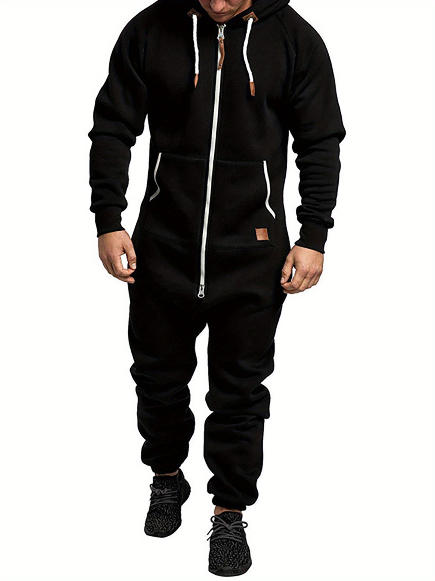 Men's Hooded Fleece Lining Jumpsuit, Long Sleeve Full Zipper Overalls with Kangaroo Pockets