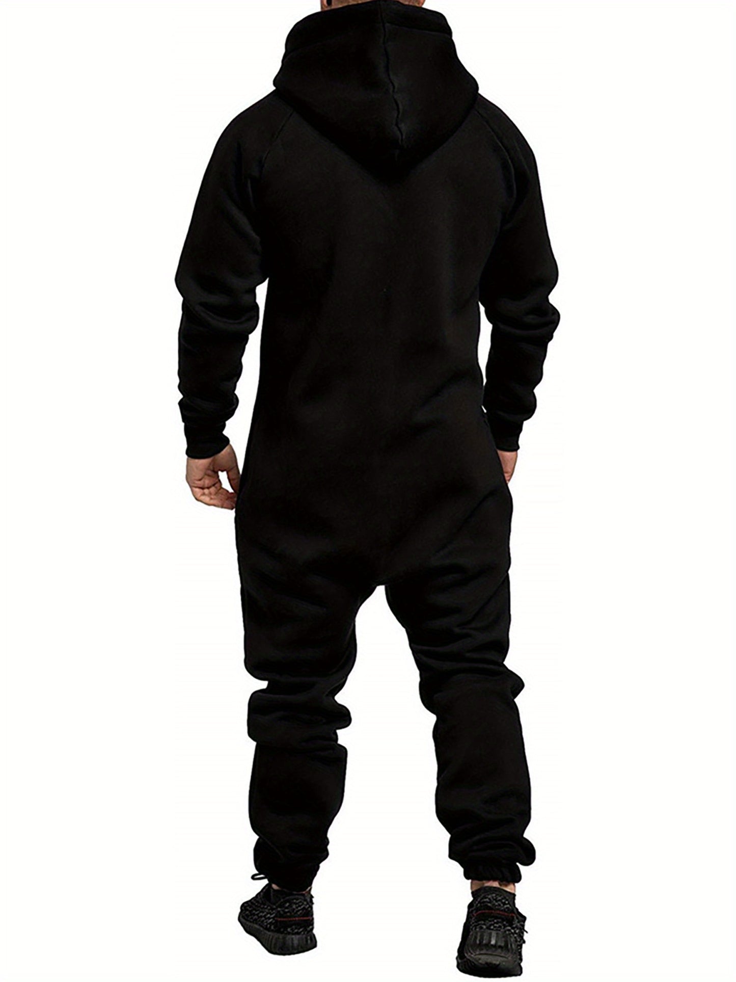 Men's Hooded Fleece Lining Jumpsuit, Long Sleeve Full Zipper Overalls with Kangaroo Pockets