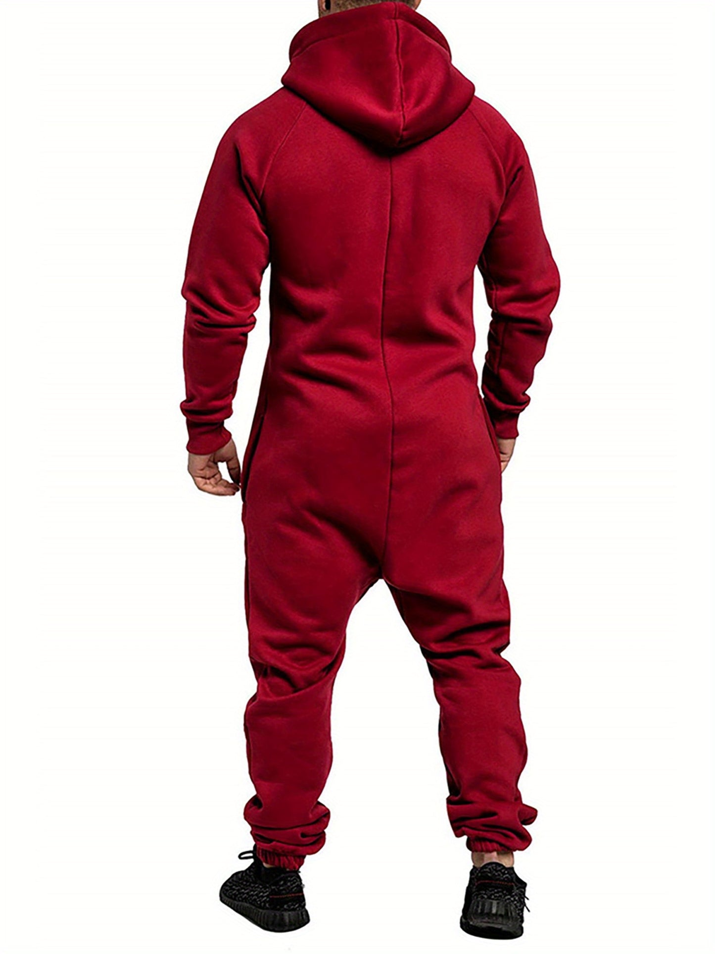 Men's Hooded Fleece Lining Jumpsuit, Long Sleeve Full Zipper Overalls with Kangaroo Pockets