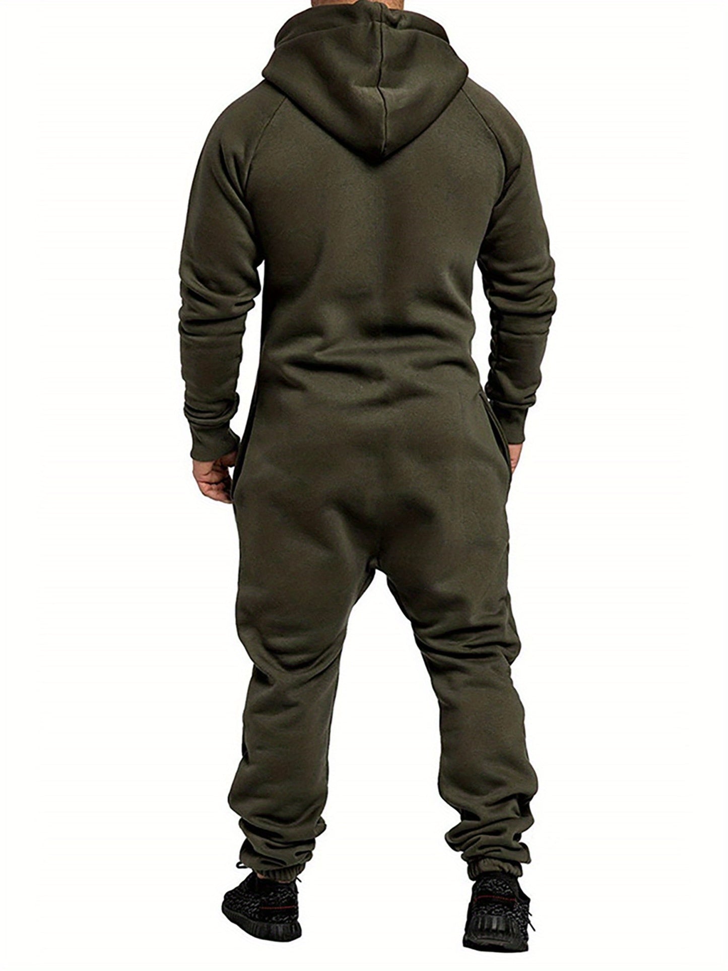 Men's Hooded Fleece Lining Jumpsuit, Long Sleeve Full Zipper Overalls with Kangaroo Pockets