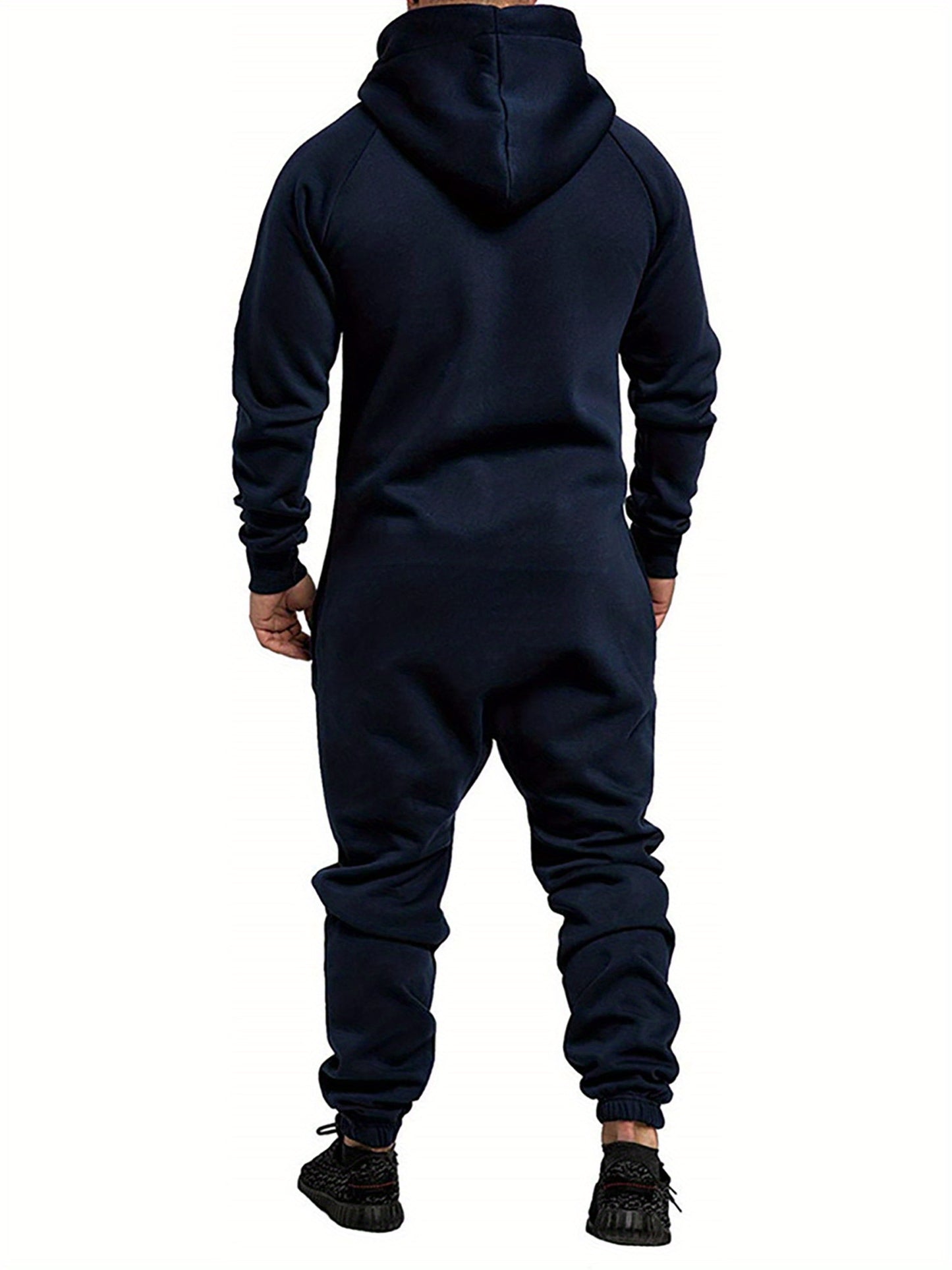 Men's Hooded Fleece Lining Jumpsuit, Long Sleeve Full Zipper Overalls with Kangaroo Pockets