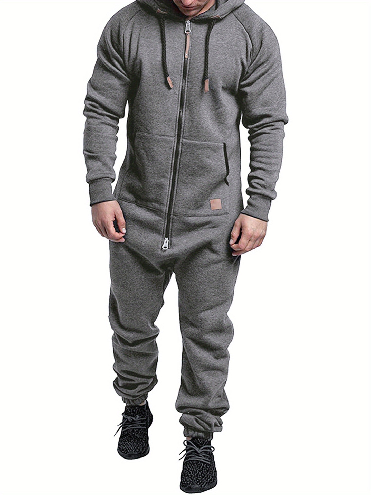 Men's Hooded Fleece Lining Jumpsuit, Long Sleeve Full Zipper Overalls with Kangaroo Pockets