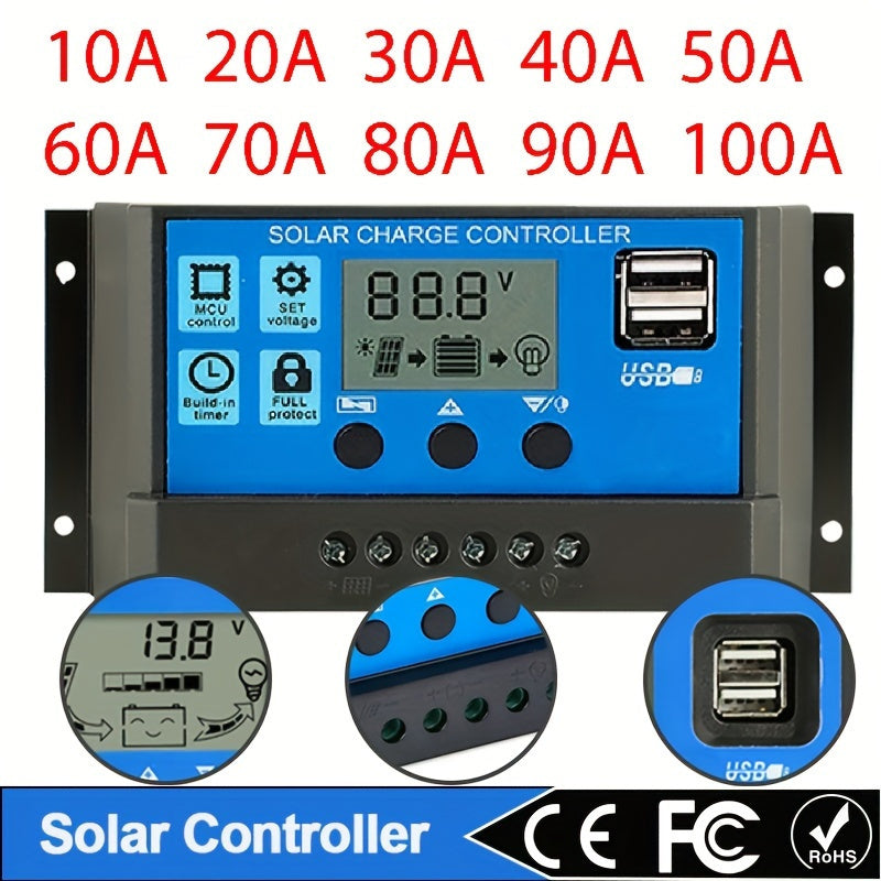 Solar Charger Controller with LCD Display - 12V/24V, Dual USB 5V Outputs
