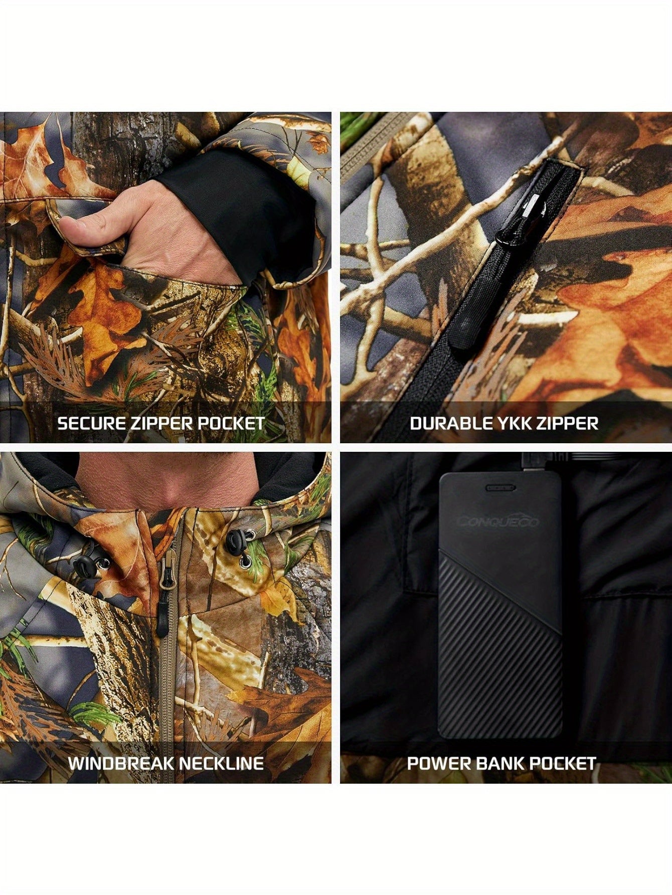 Heated Camouflage Hunting Hooded Jacket with Battery Pack