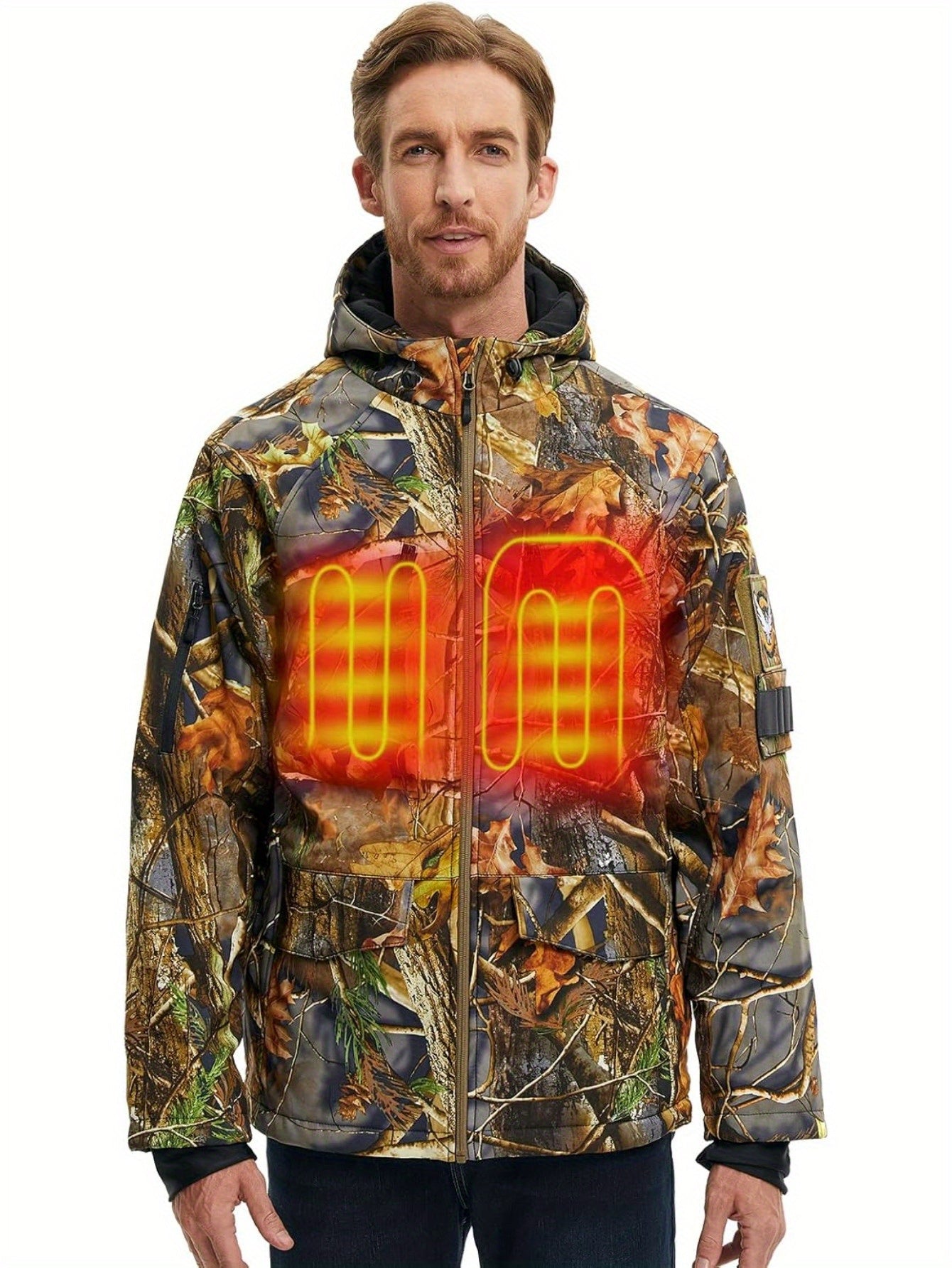 Heated Camouflage Hunting Hooded Jacket with Battery Pack