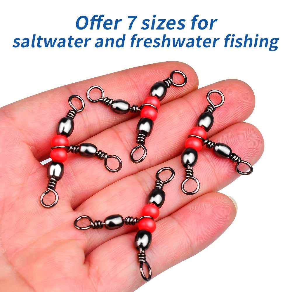 Fishing three-way swivels with barrel shape, 60-piece set, T-shape design, suitable for catfish rigs and fishing lines, 20 to 90 lbs test
