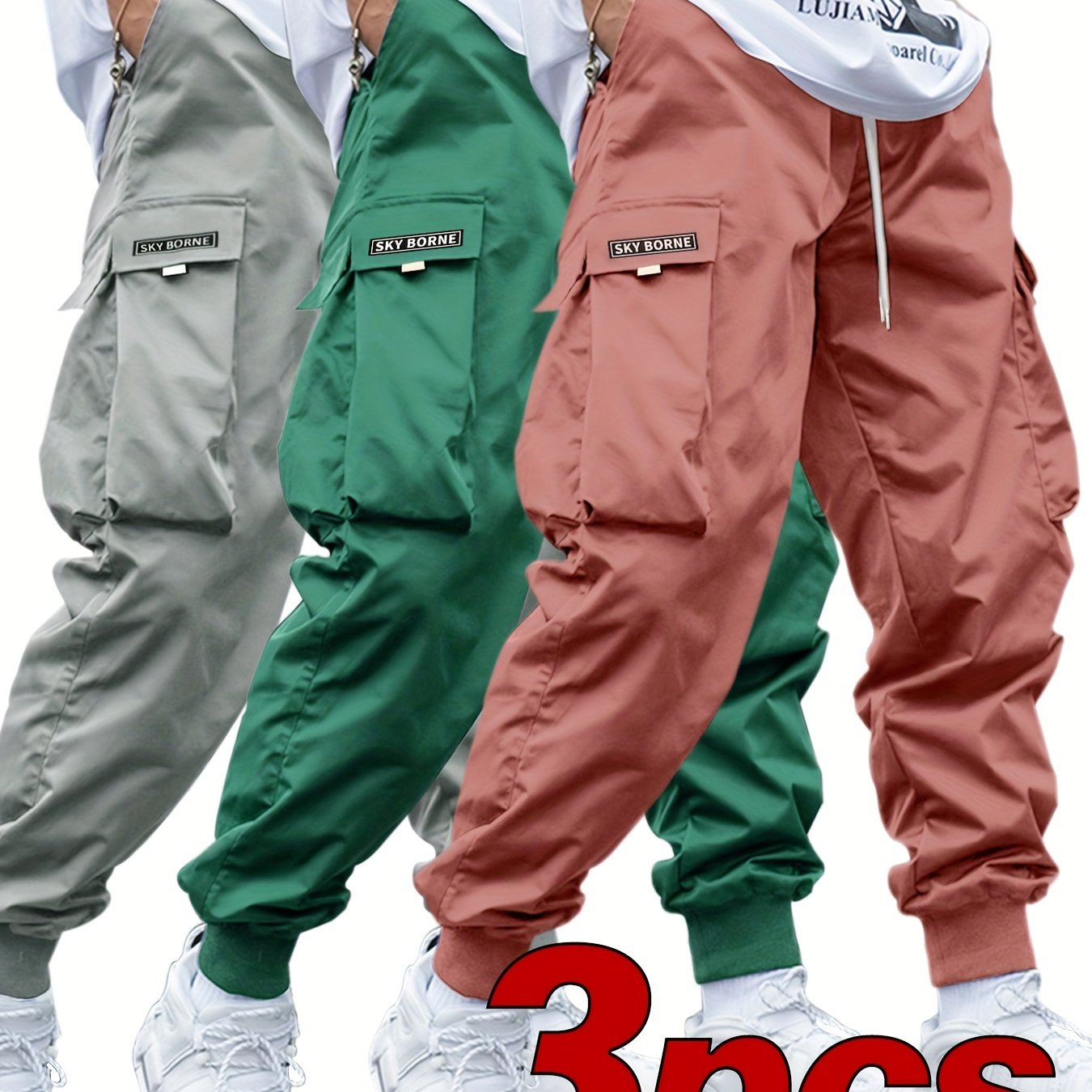 Men's Casual Letter Pattern Cargo Pants Set of 3, Mid-Rise Woven Fabric Trousers with Drawstring Waist, Belt Loops