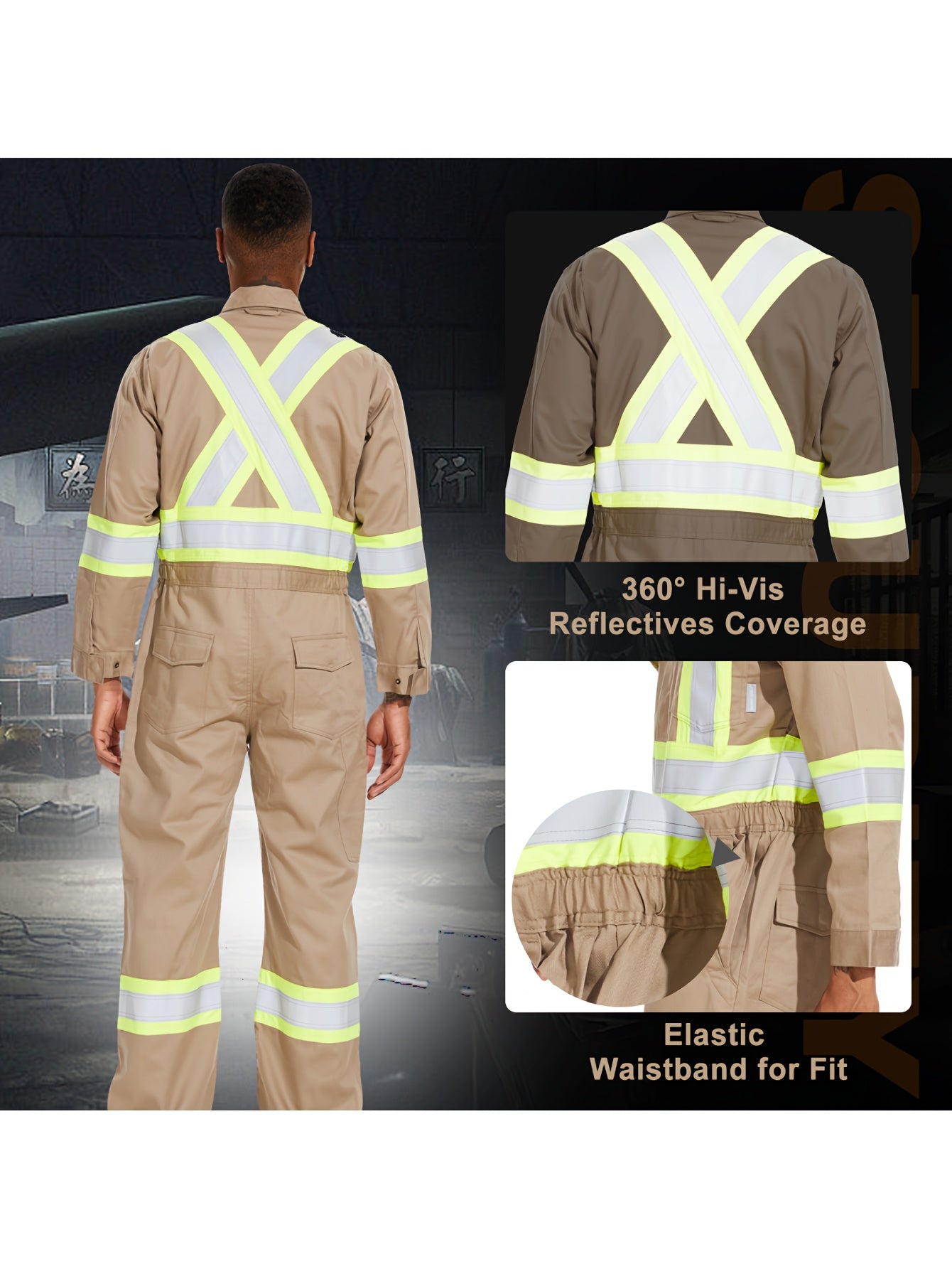 Men's All-Season Cotton Coverall with Reflective Stripes - Durable Woven Fabric, Long Sleeve, Machine Washable