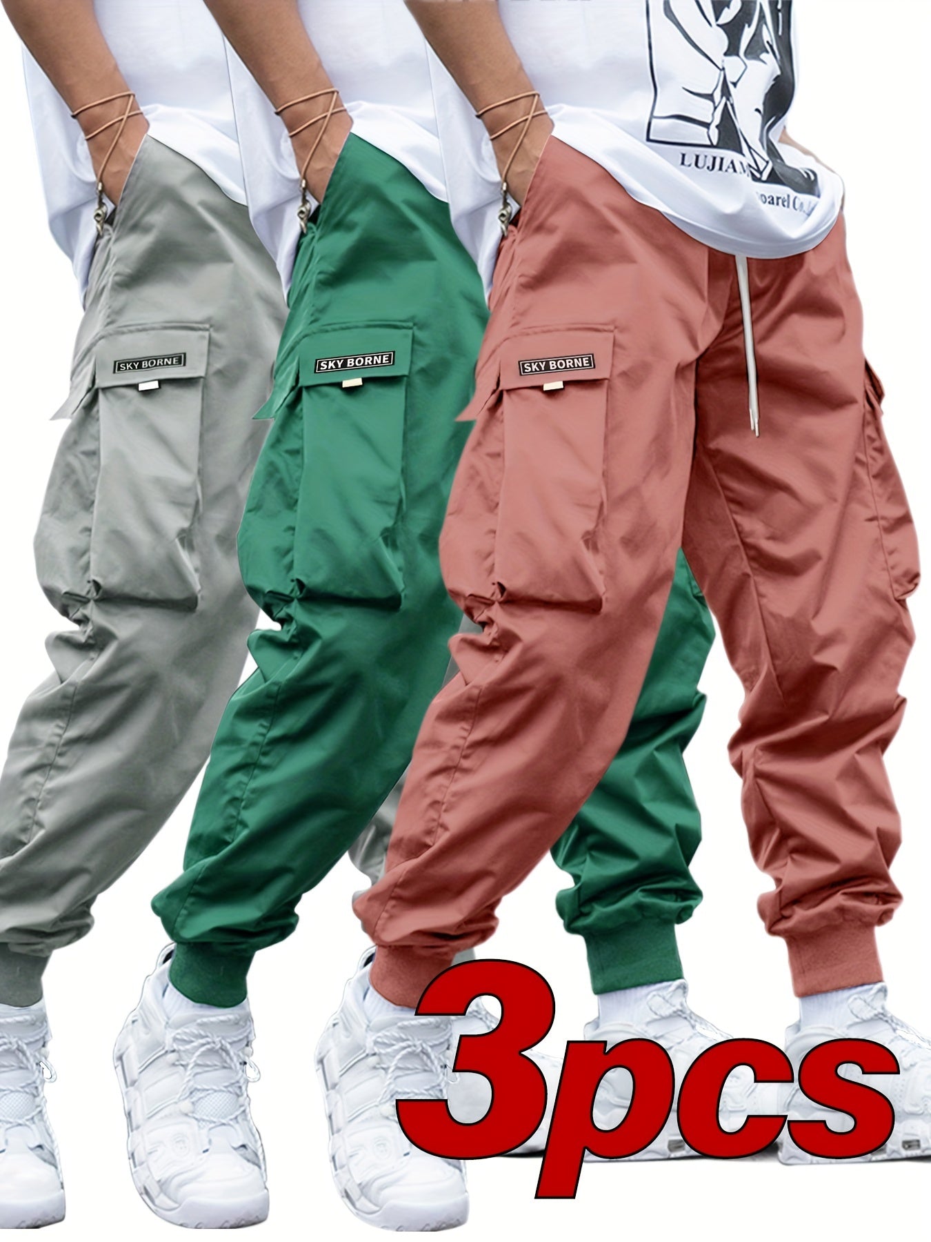 Men's Casual Letter Pattern Cargo Pants Set of 3, Mid-Rise Woven Fabric Trousers with Drawstring Waist, Belt Loops