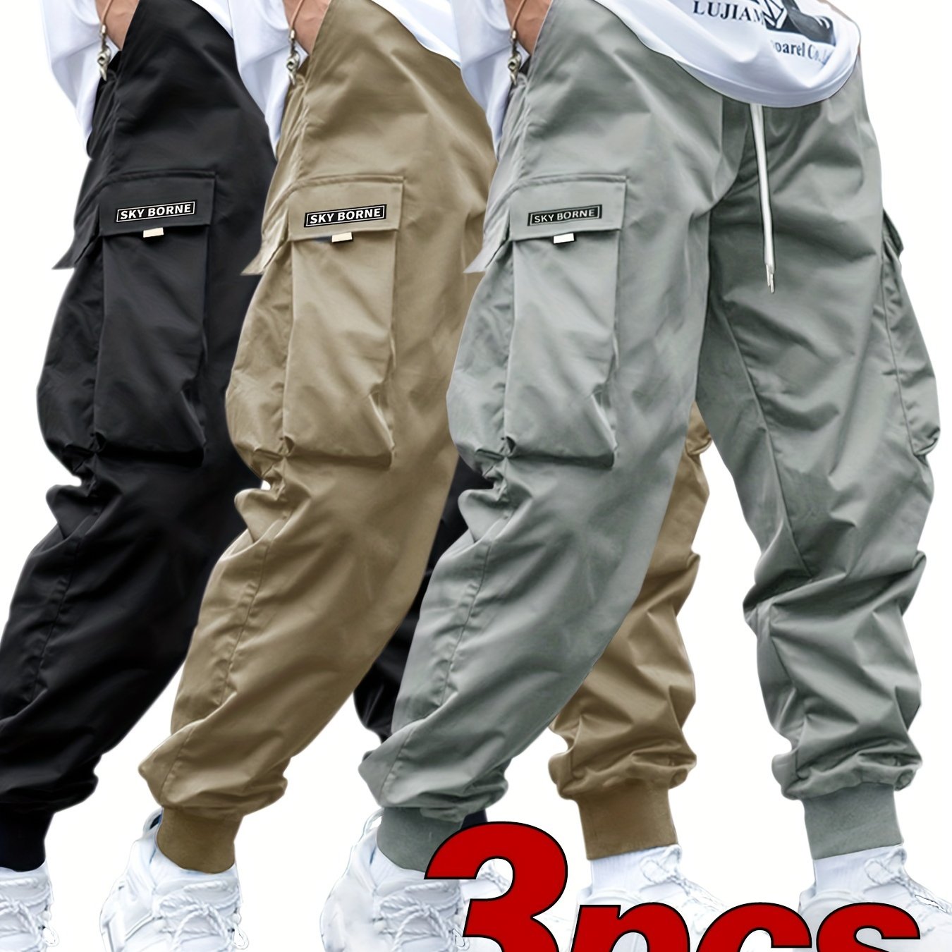 Men's Casual Letter Pattern Cargo Pants Set of 3, Mid-Rise Woven Fabric Trousers with Drawstring Waist, Belt Loops