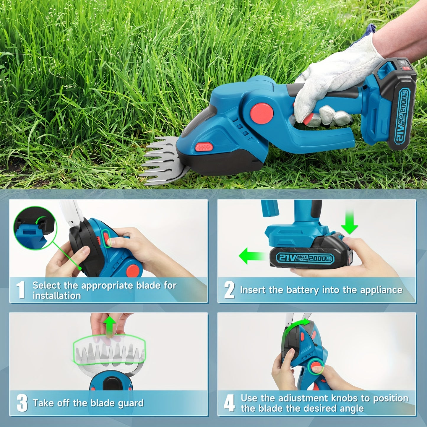 Hedge Trimmer Cordless, 2 in 1 Handheld Cordless Grass Shear with 2 Pcs Rechargeable Battery's and Charger