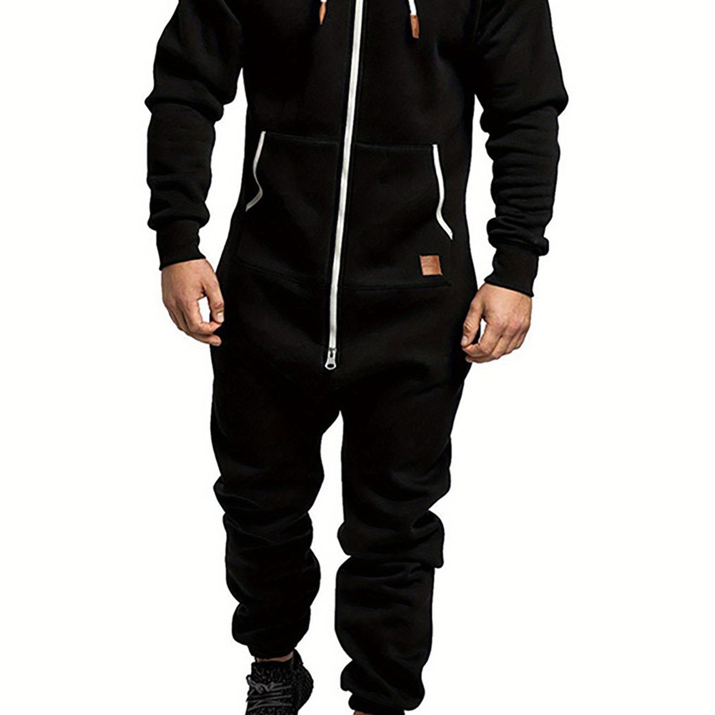 Men's Hooded Fleece Lining Jumpsuit, Long Sleeve Full Zipper Overalls with Kangaroo Pockets