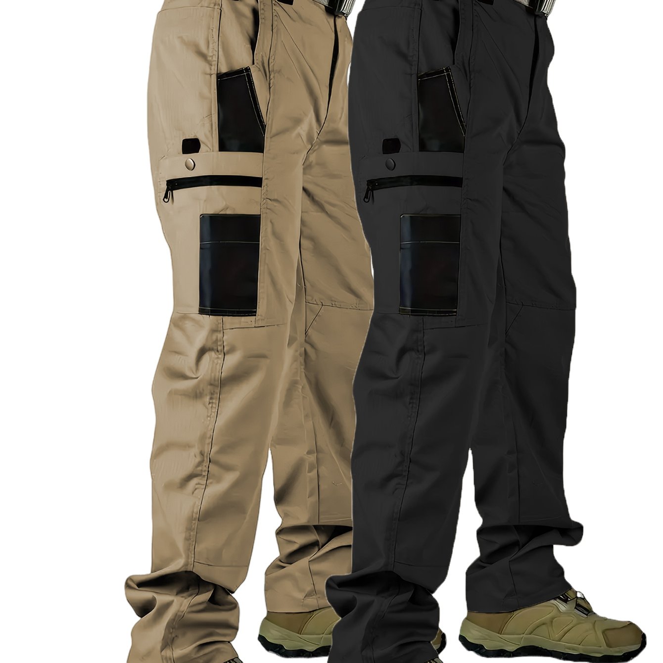 2pcs Men's Tactical Cargo Pants, 100% Polyester Solid Color Sports Style