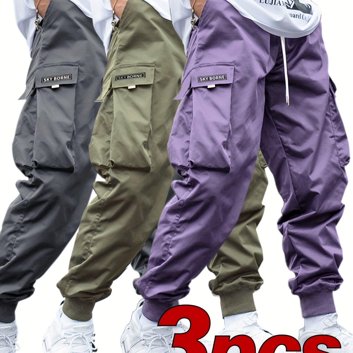 Men's Casual Letter Pattern Cargo Pants Set of 3, Mid-Rise Woven Fabric Trousers with Drawstring Waist, Belt Loops