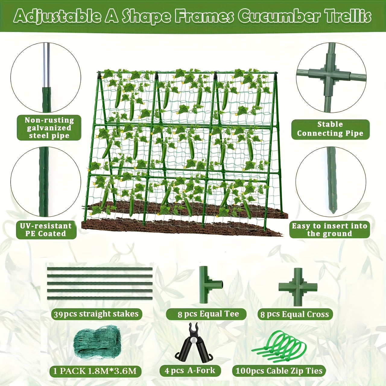 Adjustable A-Frame Cucumber Trellis for Raised Beds, 70x70 Inch