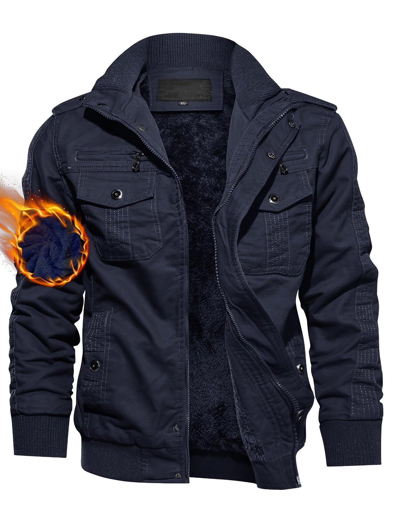 Men's Winter Casual Jacket With Hooded Fleece Lined Multi-pockets Knitted Ribbed Cuffs Hem Windproof