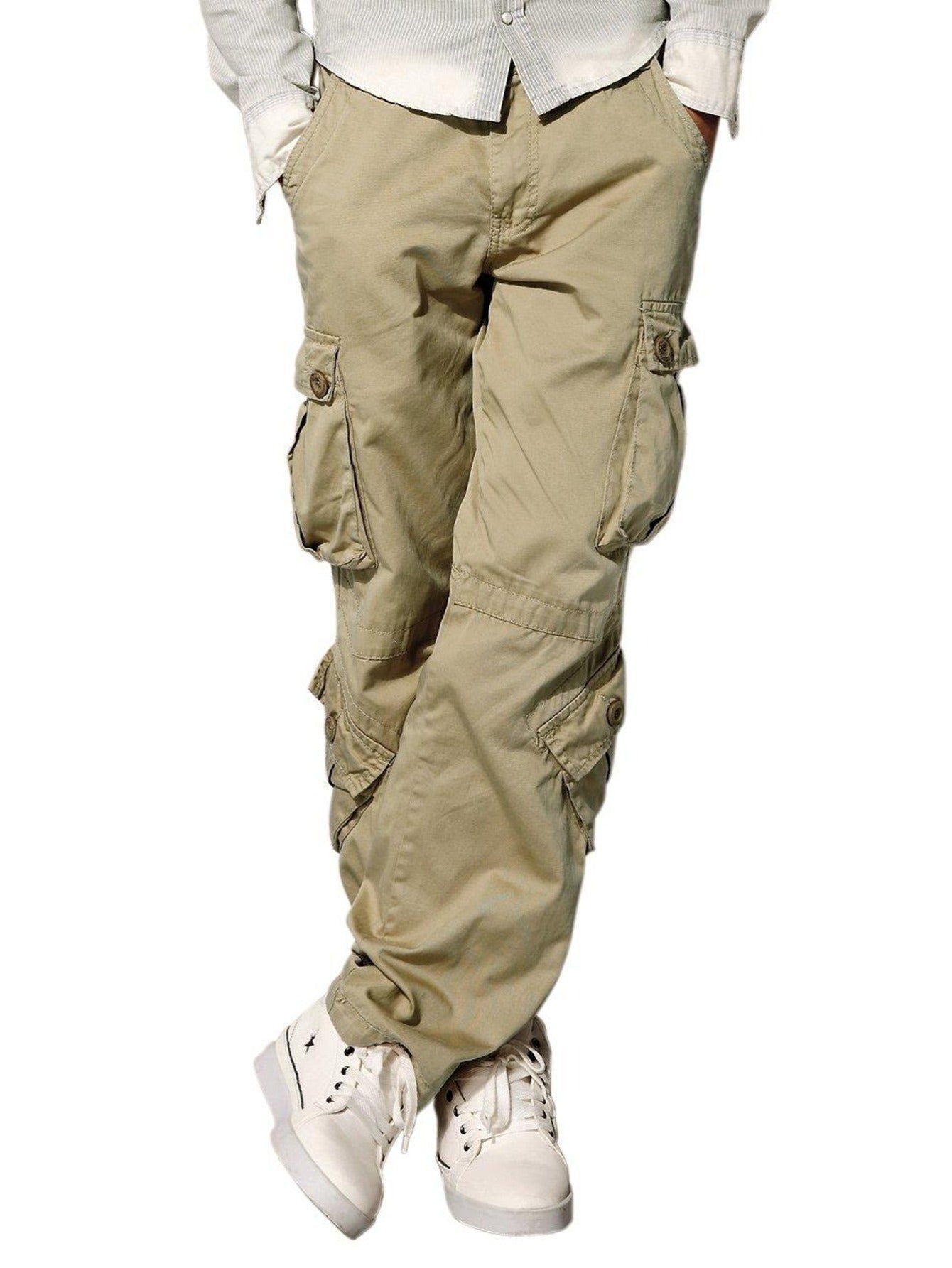 Cotton British Khaki Multi Flap Pockets Men's Straight Leg Cargo Pants