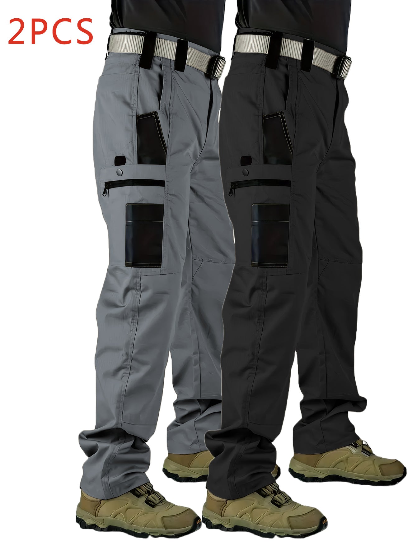 2pcs Men's Tactical Cargo Pants, 100% Polyester Solid Color Sports Style