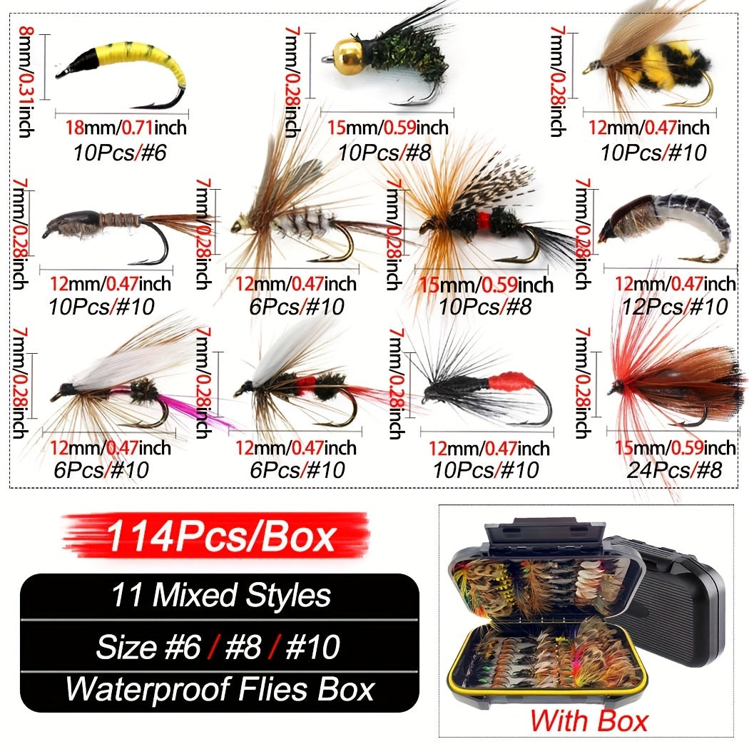 Fly Fishing Flies Collection 24-114Pcs Flies Dry Wet Nymph Streamers Fly Assortment with Fly Box