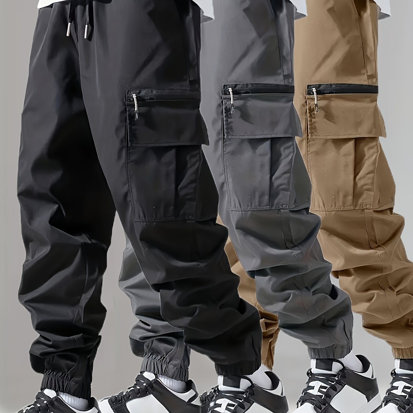 3-Pack Men's Casual Cargo Pants with Elastic Waist and Zipper Pockets