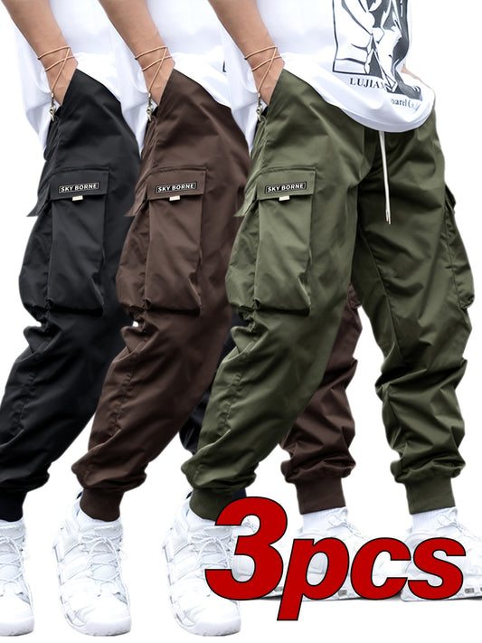 Men's Casual Letter Pattern Cargo Pants Set of 3, Mid-Rise Woven Fabric Trousers with Drawstring Waist, Belt Loops