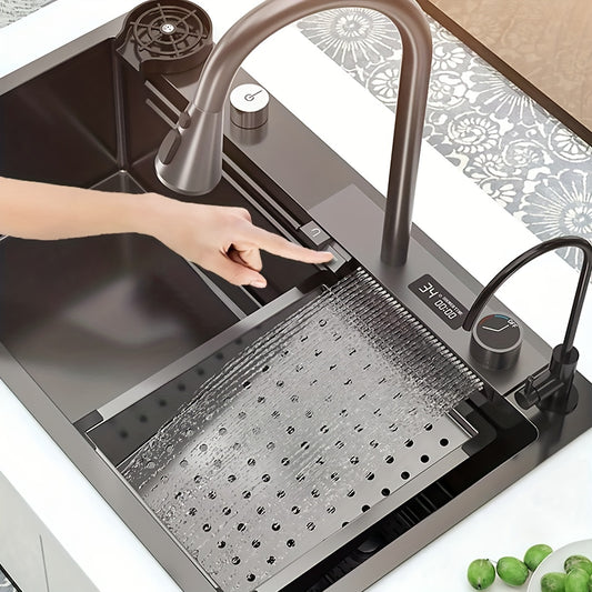 Digital Display Waterfall Sink, Single Bowl Kitchen Sink, Stainless Steel Bar Sink With Pull-down Nozzle Faucet