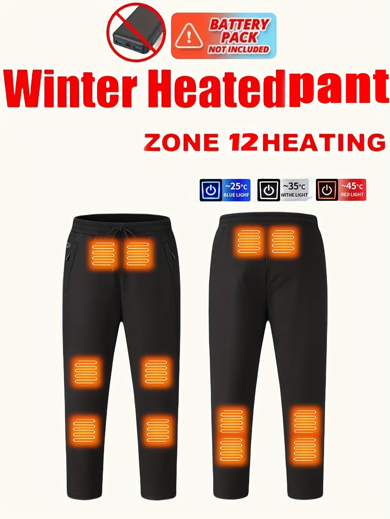 Men'S And Women'S Winter Outdoor Electric Heated Pants (Battery Not Included) - Non-Stretch Sports Pants, Featuring 12 Heating Zones, Adjustable Temperature, Drawstring - Suitable for Outdoor Skiing, Fishing, And Camping