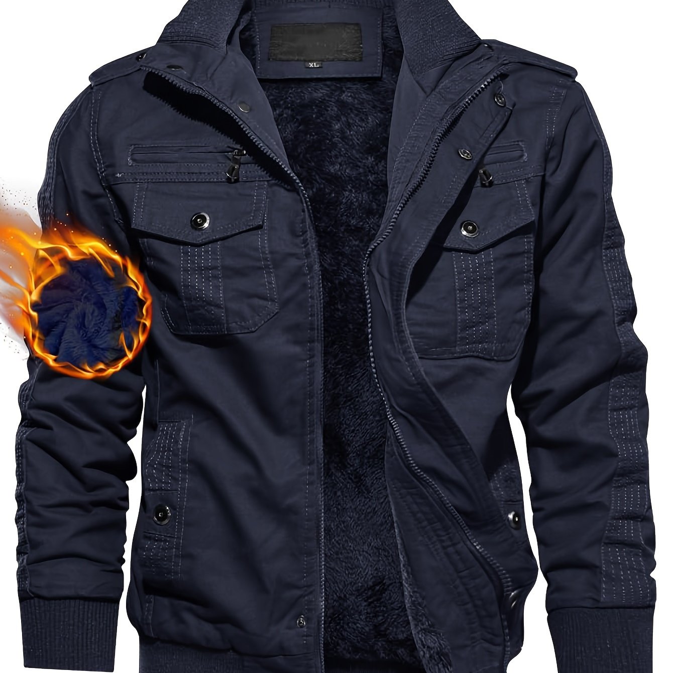 Men's Winter Casual Jacket With Hooded Fleece Lined Multi-pockets Knitted Ribbed Cuffs Hem Windproof