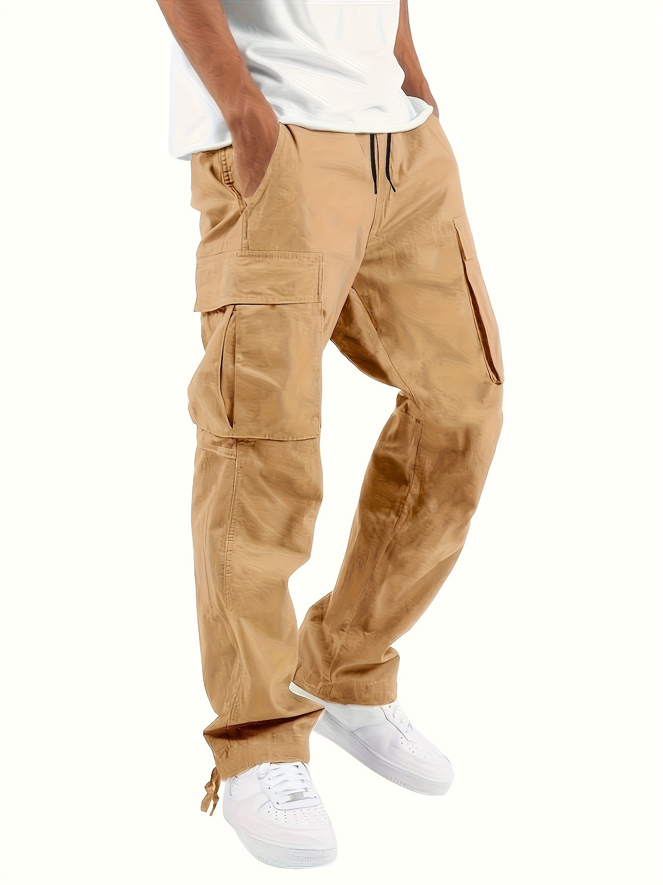 4pcs Men's Solid Color Loose Fit Cargo Pants with Multiple Pockets