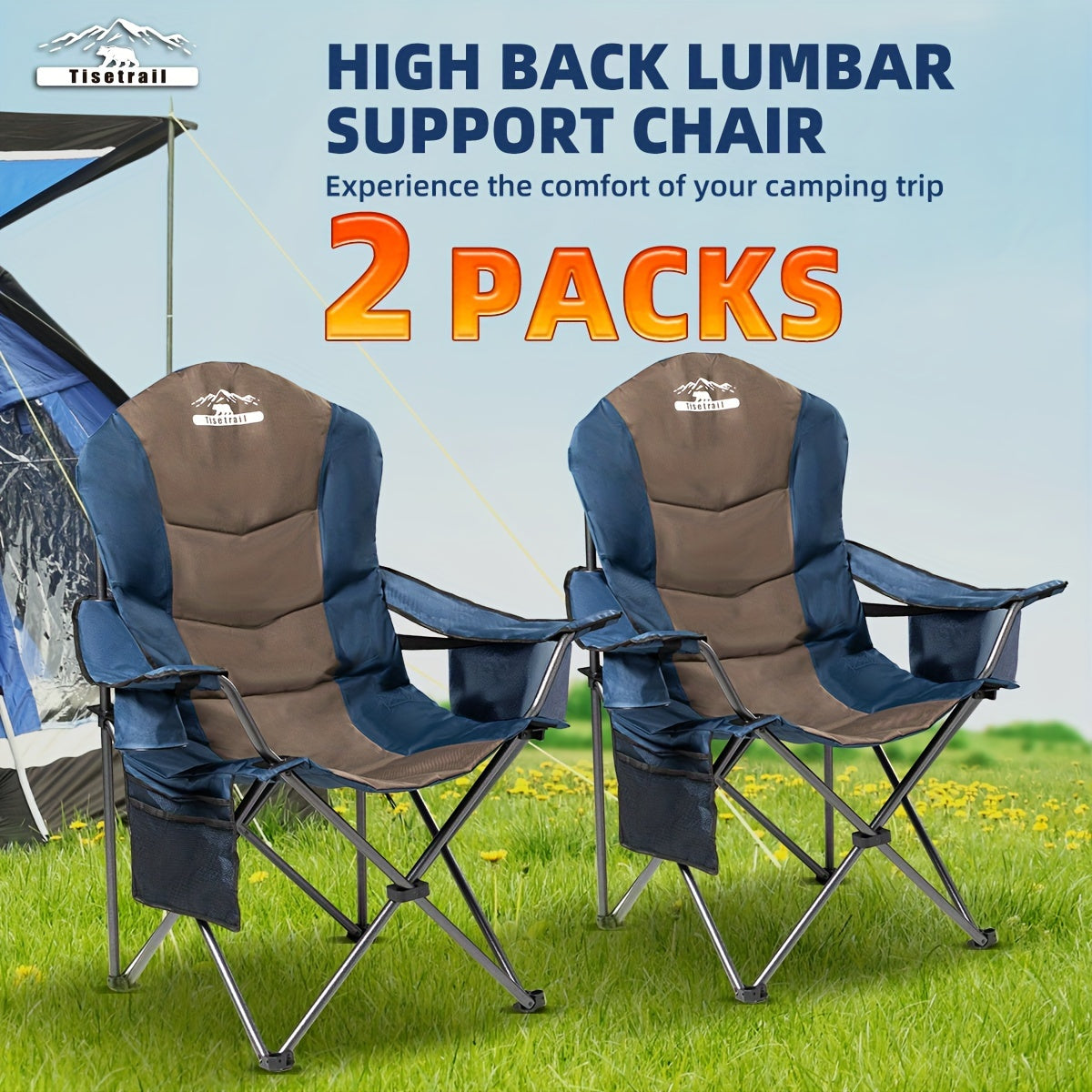 [Portable Camping Chairs] 2pcs High Back Folding Camping Chairs - 400lbs Capacity