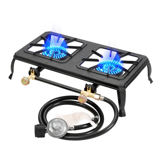 Portable Camping Stove | Dual Burner | Cast Iron | Freestanding | with Regulator and Gas Hose