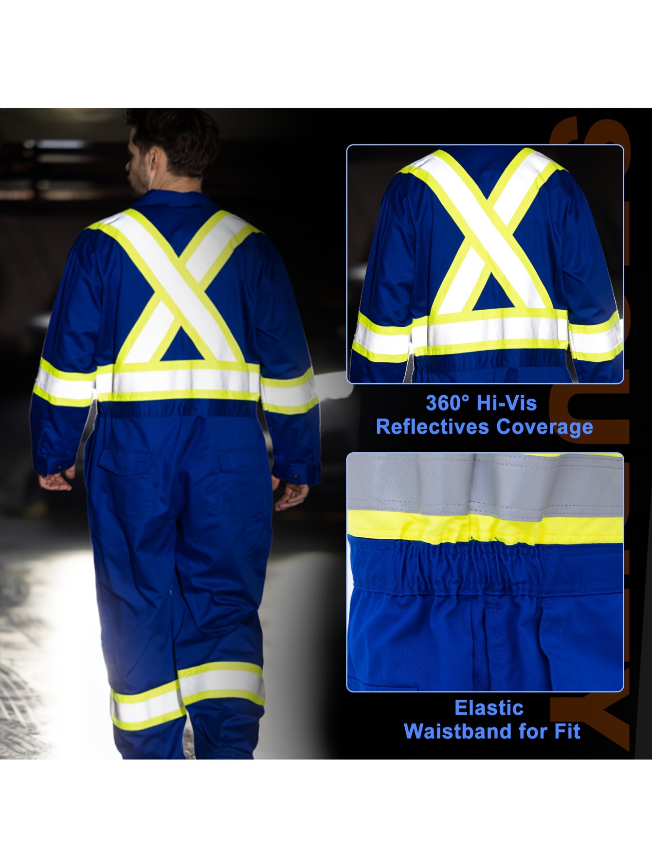 Men's All-Season Cotton Coverall with Reflective Stripes - Durable Woven Fabric, Long Sleeve, Machine Washable