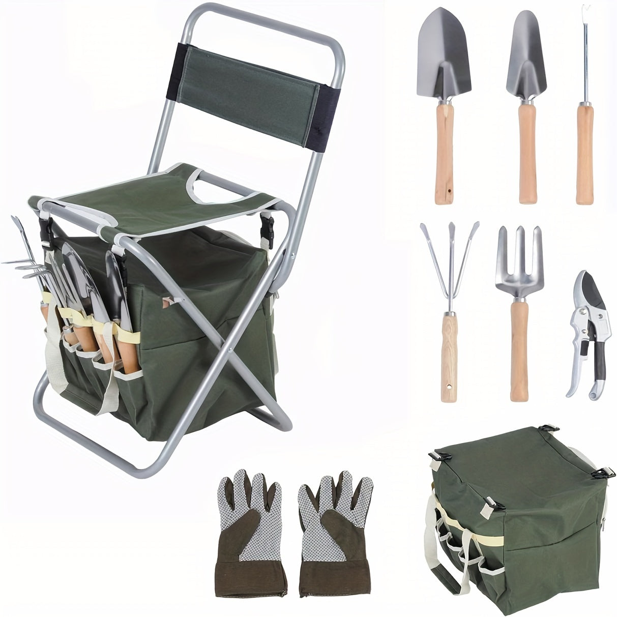 9 Piece Heavy Duty Gardening Tools with Sturdy Stool with Detachable Tool Kit