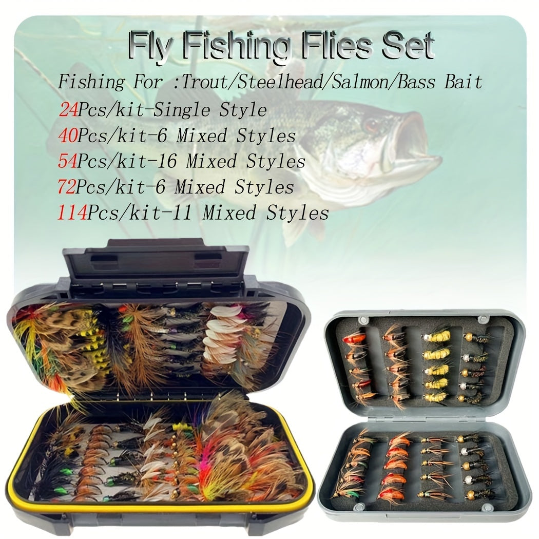 Fly Fishing Flies Collection 24-114Pcs Flies Dry Wet Nymph Streamers Fly Assortment with Fly Box