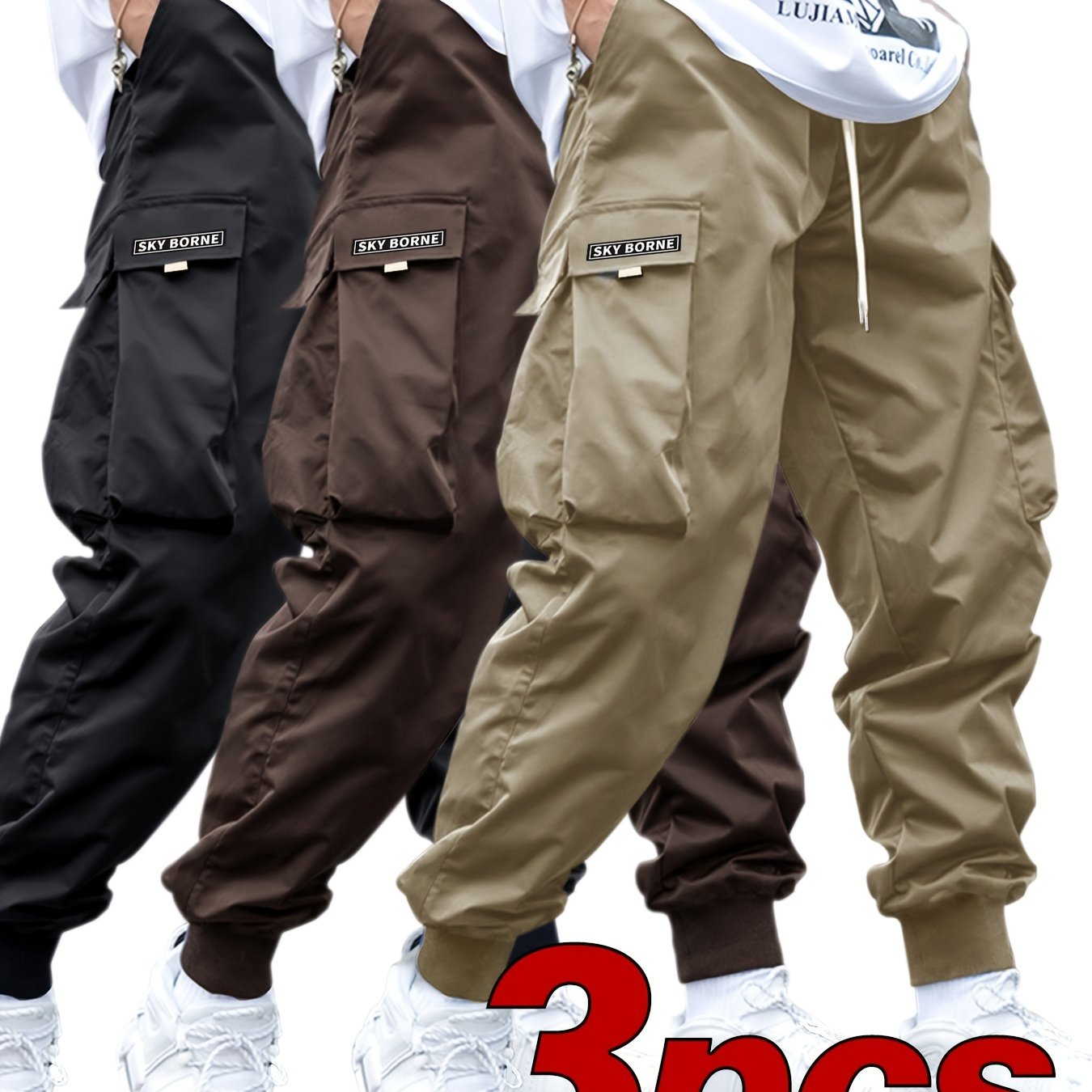 Men's Casual Letter Pattern Cargo Pants Set of 3, Mid-Rise Woven Fabric Trousers with Drawstring Waist, Belt Loops