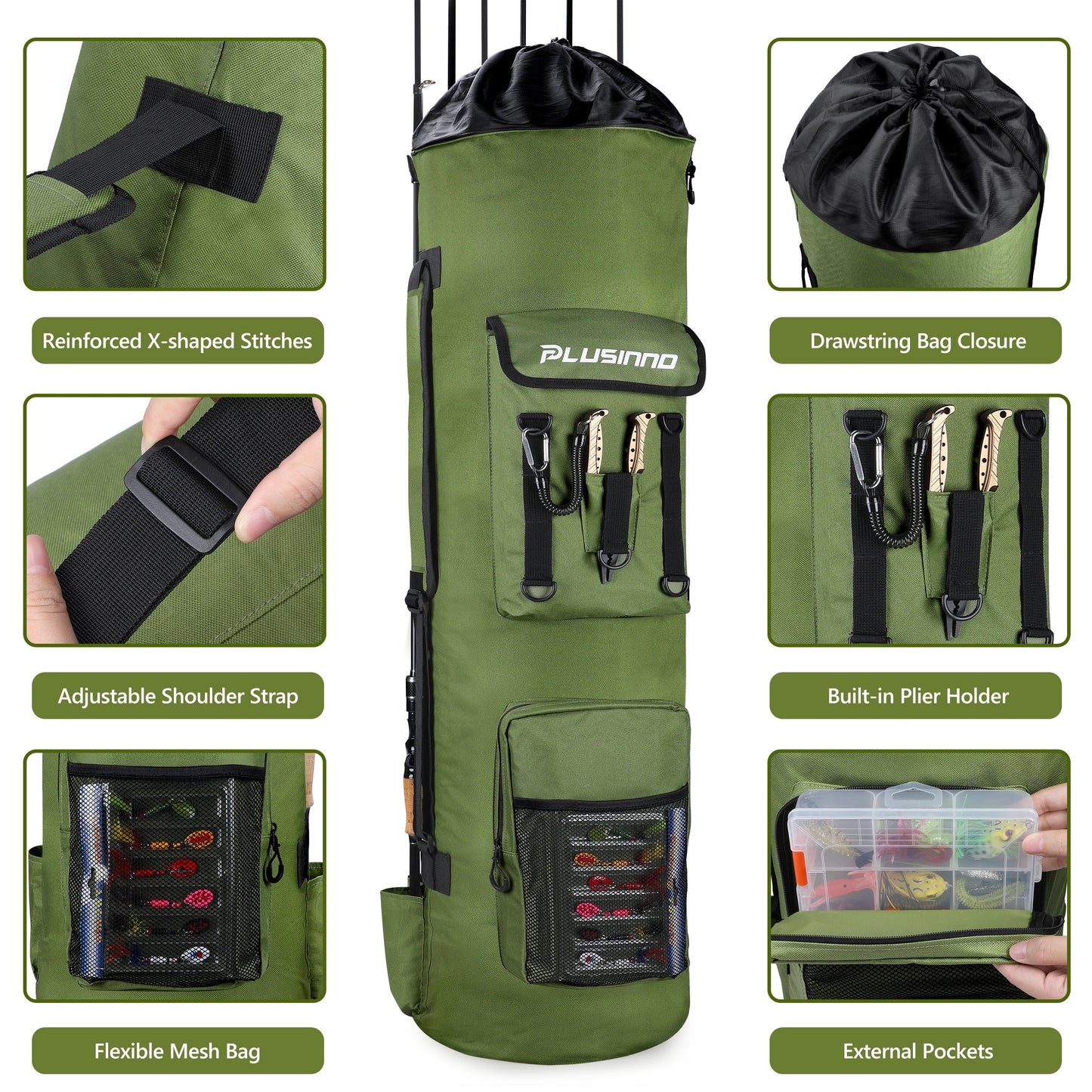 Large Storage Fishing Tackle Bag, Fishing Backpack with Rod Holders, Holds 6 Rods & Reels