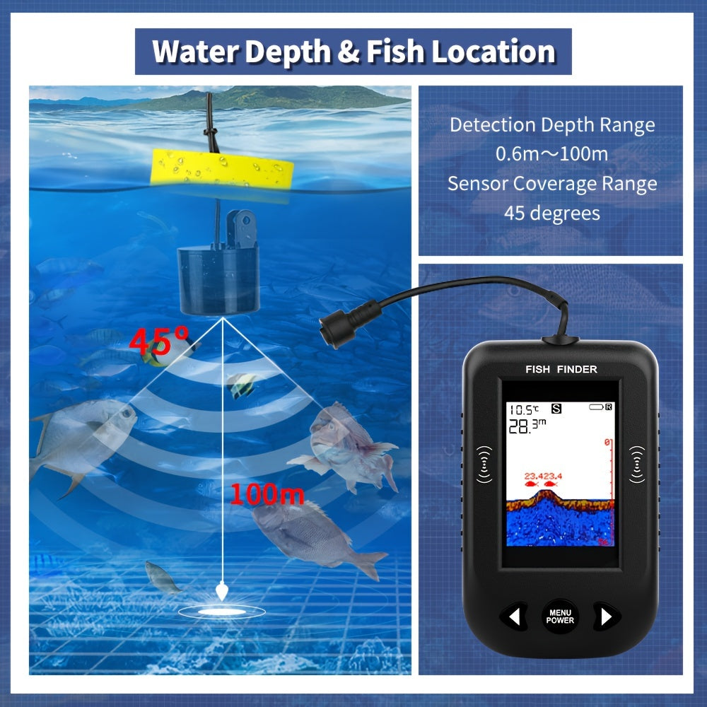 Portable Fish Finder Fishing Sonar Sounder 100M Depth Range 45 Degrees Sonar Coverage