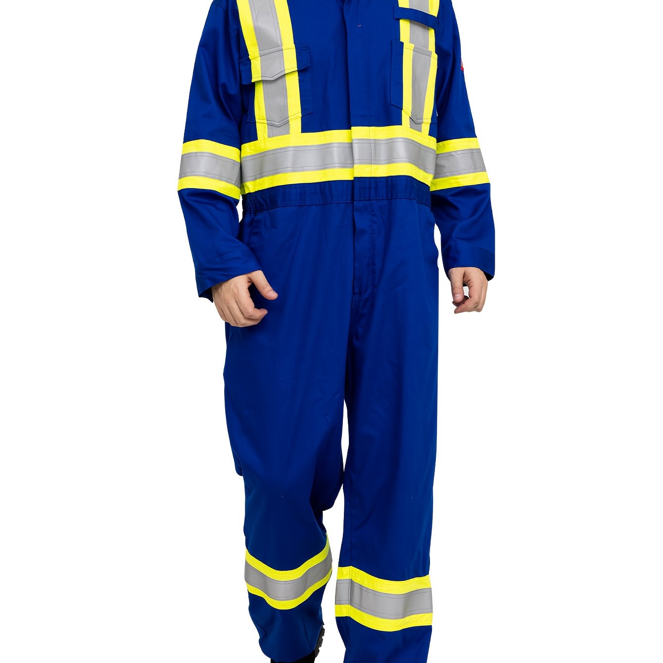 Men's All-Season Cotton Coverall with Reflective Stripes - Durable Woven Fabric, Long Sleeve, Machine Washable