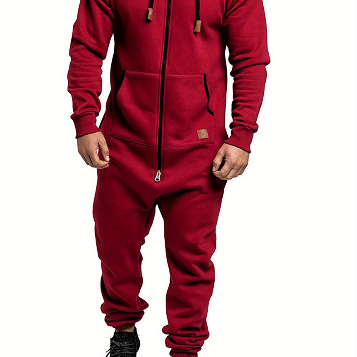 Men's Hooded Fleece Lining Jumpsuit, Long Sleeve Full Zipper Overalls with Kangaroo Pockets