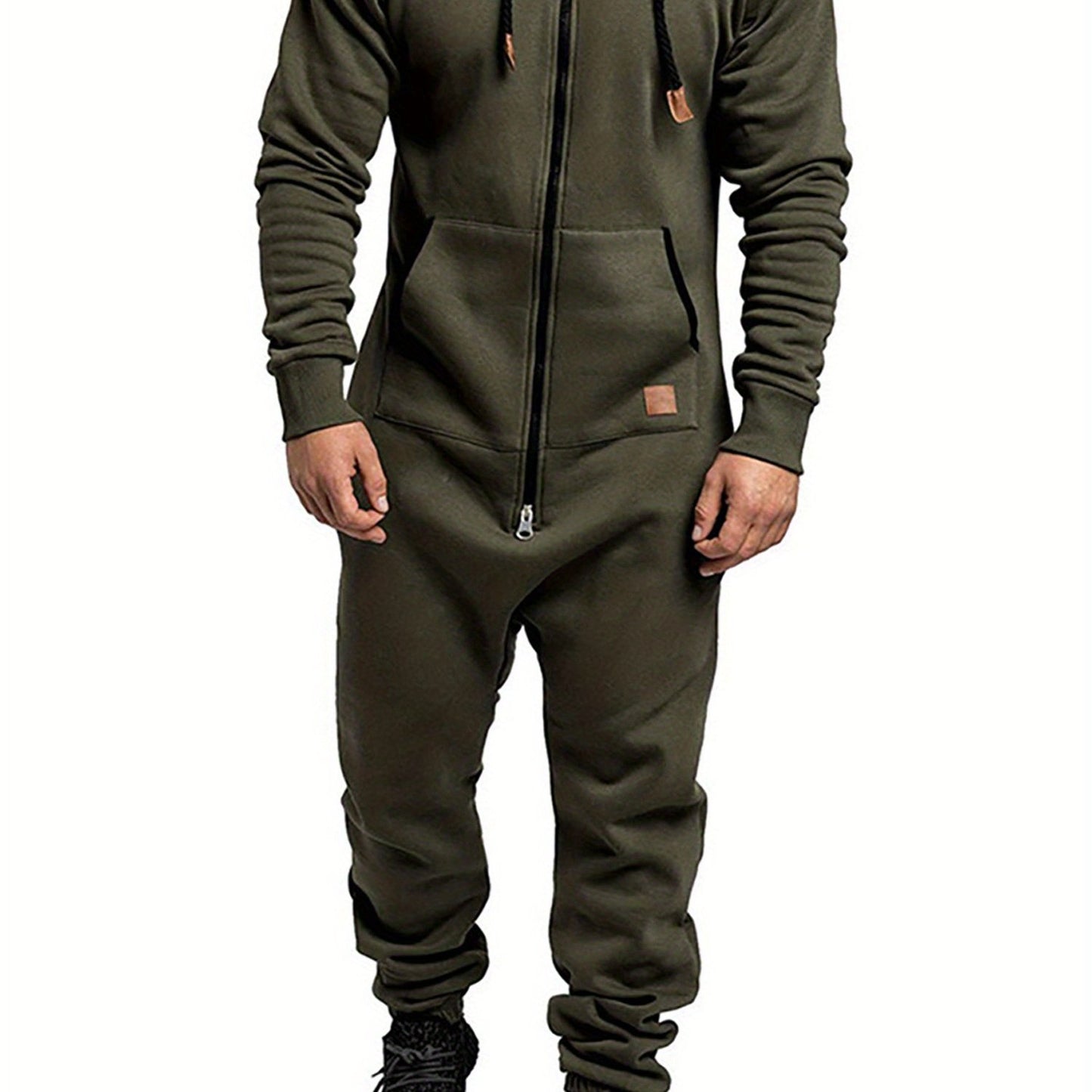 Men's Hooded Fleece Lining Jumpsuit, Long Sleeve Full Zipper Overalls with Kangaroo Pockets