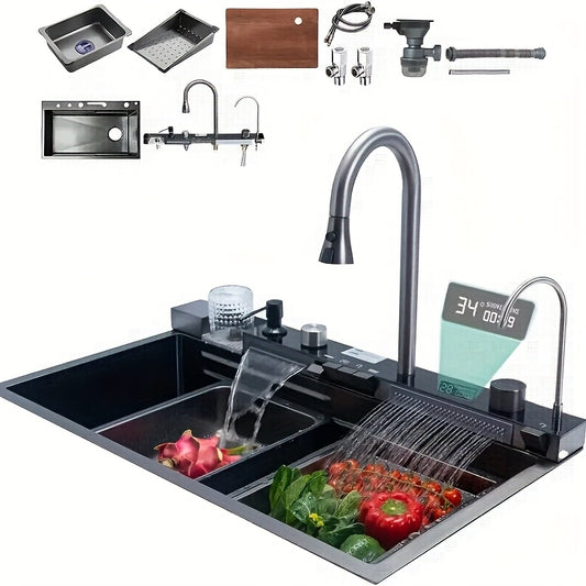 30x18 Inch Modern Stainless Steel Kitchen Sink with Dual Waterfalls, Pull-Out Faucet & Digital Display