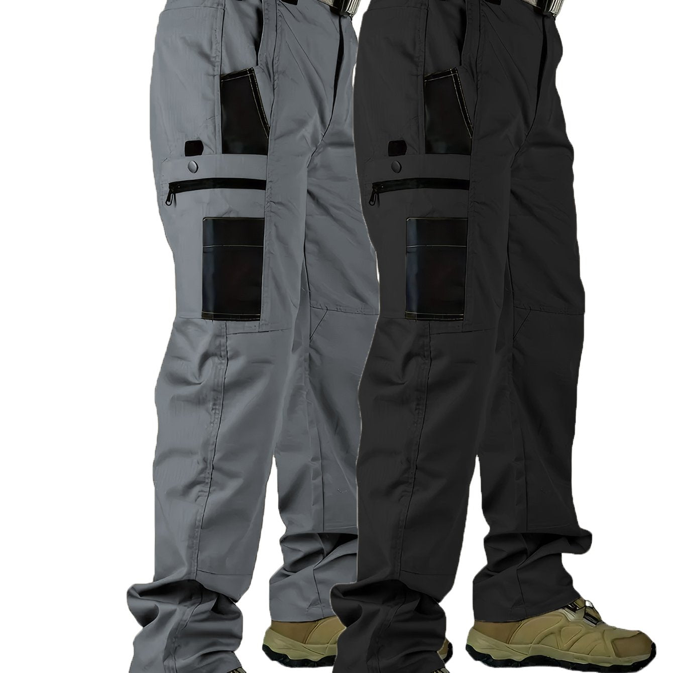 2pcs Men's Tactical Cargo Pants, 100% Polyester Solid Color Sports Style