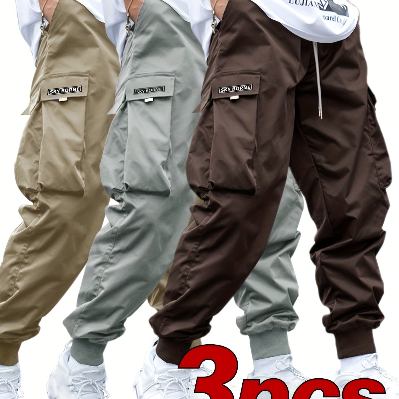 Men's Casual Letter Pattern Cargo Pants Set of 3, Mid-Rise Woven Fabric Trousers with Drawstring Waist, Belt Loops