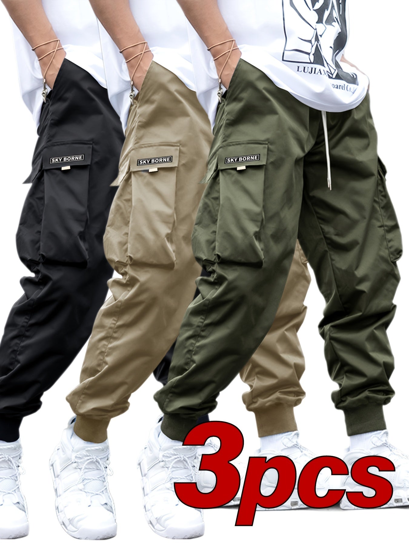 Men's Casual Letter Pattern Cargo Pants Set of 3, Mid-Rise Woven Fabric Trousers with Drawstring Waist, Belt Loops