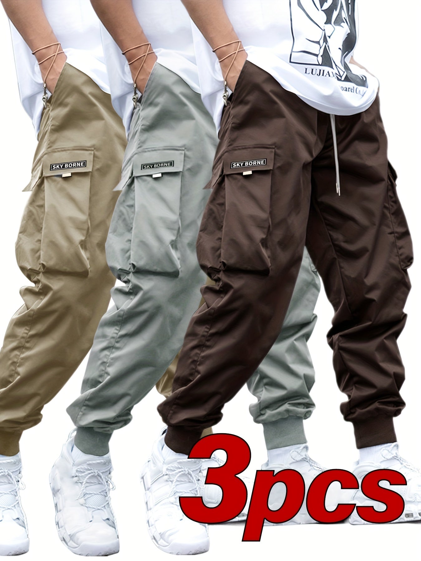 Men's Casual Letter Pattern Cargo Pants Set of 3, Mid-Rise Woven Fabric Trousers with Drawstring Waist, Belt Loops