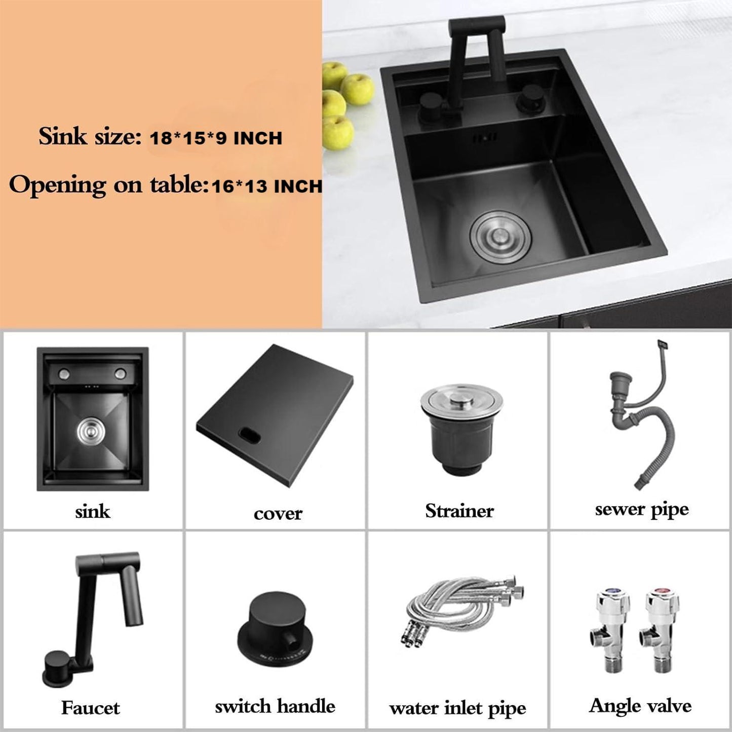 RV Kitchen Sink, 18 x 15 x 9 Inch Undermount Bar Sink with Faucet